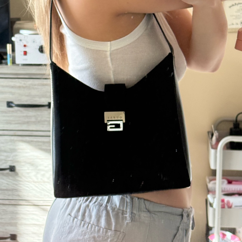Vintage Y2k Guess Medium Black Leather And Nylon Shoulder Bag